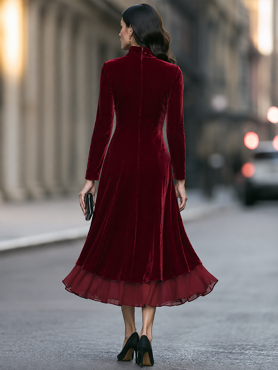 Turtleneck Princess-Seam Sheer Ruffle Hem Velvet A-Line Maxi Dress