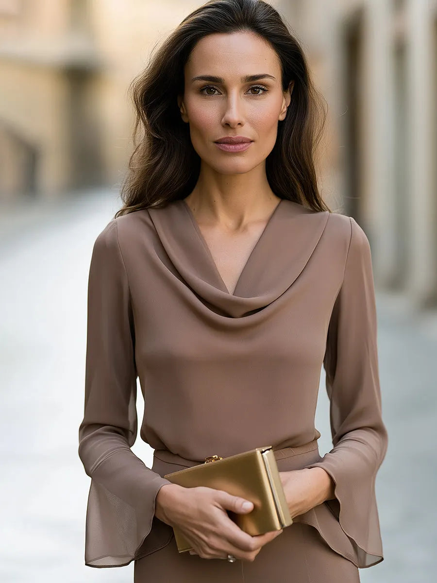 Draped Cowl Neck Flare Sleeve Blouse