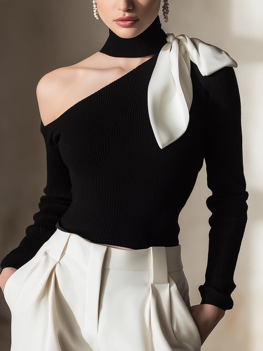 Blusa de Tricô de Um Ombro Só com Detalhe de Laço Contrastante