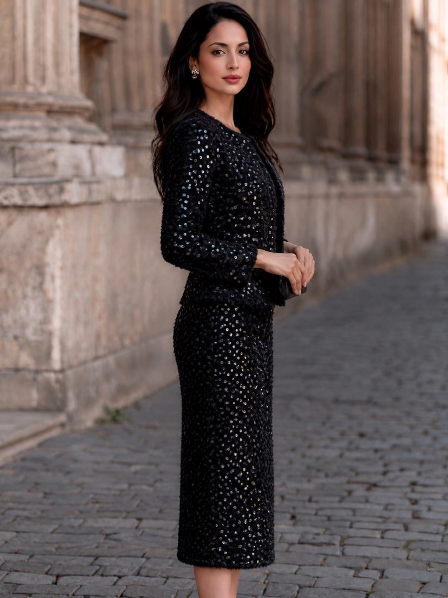 Sequin Tweed Cropped Jacket Midi Skirt Two-Piece Set