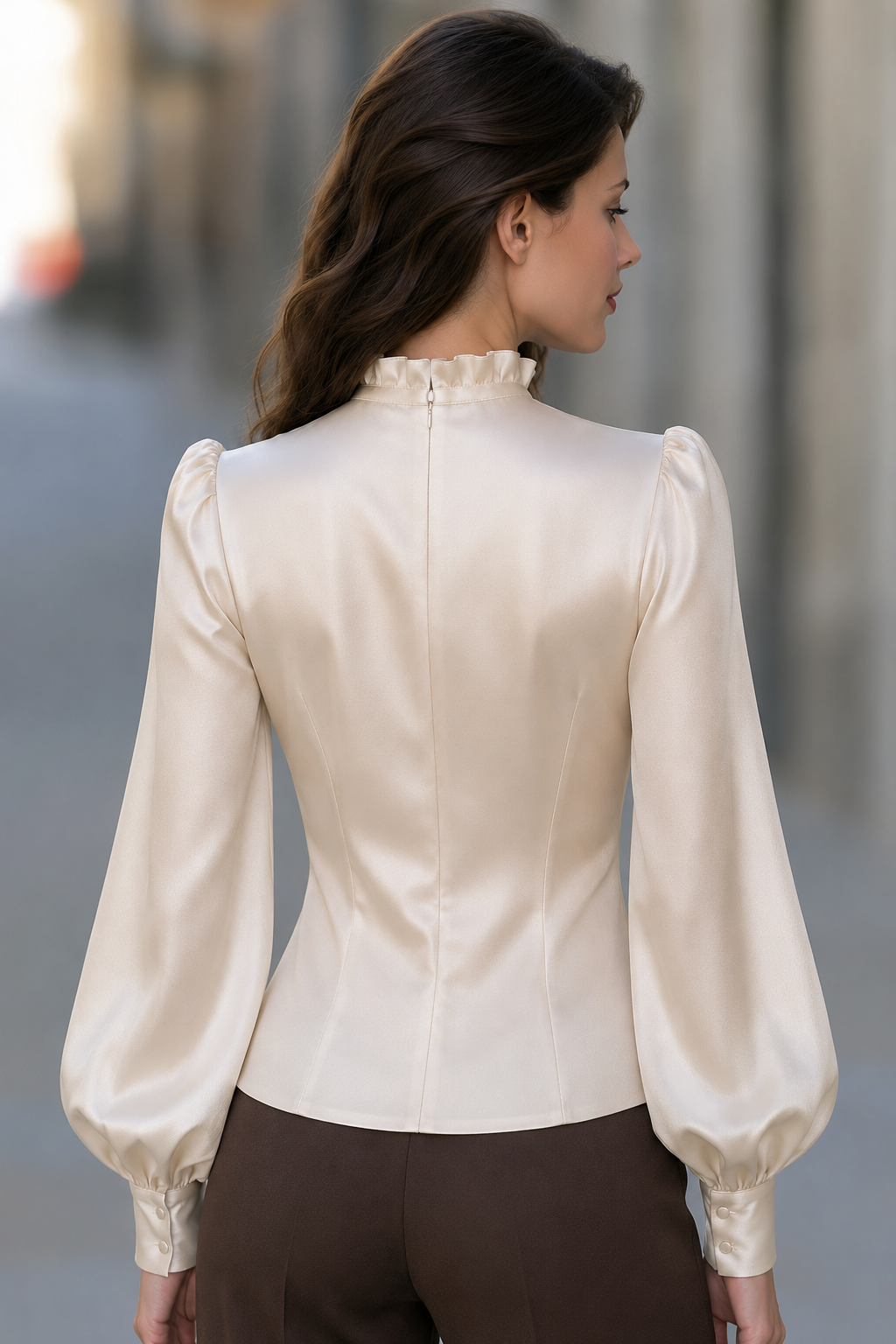 Ruffle Front High Neck Satin Blouse