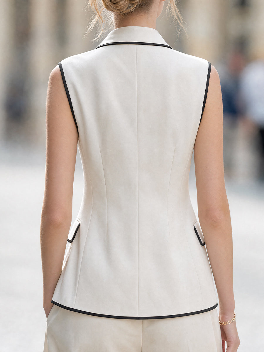 Contrast Trim Double-Breasted Sleeveless Tailored Vest