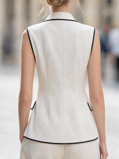 Contrast Trim Double-Breasted Sleeveless Tailored Vest