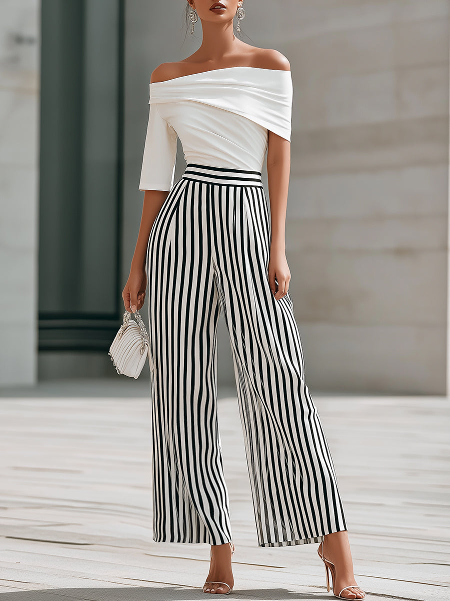 Off-Shoulder Draped Top And Striped Wide-Leg Pants Set