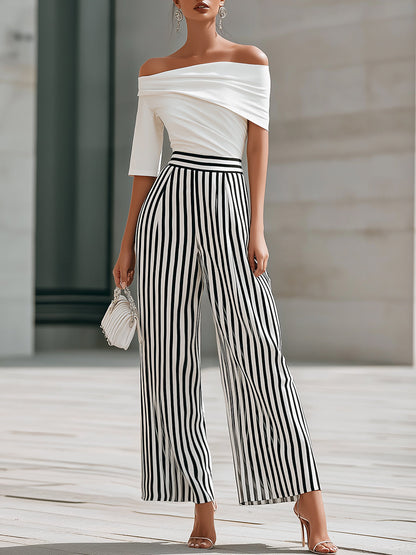Off-Shoulder Draped Top And Striped Wide-Leg Pants Set