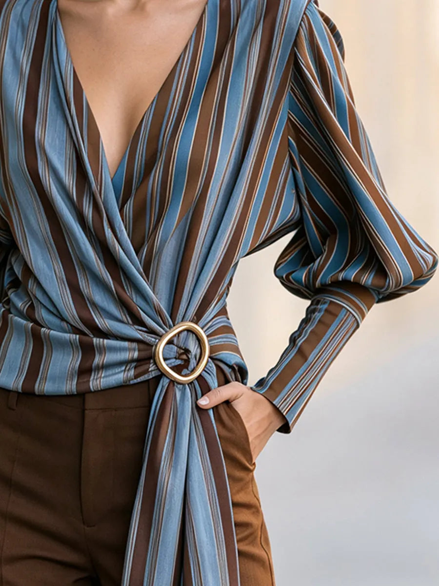 Striped Draped V-Neck Long Sleeve Blouse With Waist Ring Detail