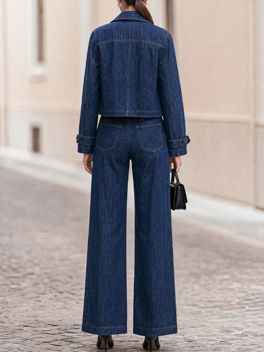 Notched Lapel Cropped Jacket & High Waist Wide Leg  Trousers Two-Piece  Suit