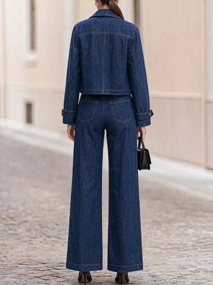Notched Lapel Cropped Jacket & High Waist Wide Leg  Trousers Two-Piece  Suit