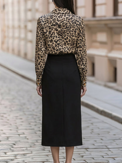 Leopard Print Draped Collar Blouse With Asymmetrical Slit Midi Skirt Set