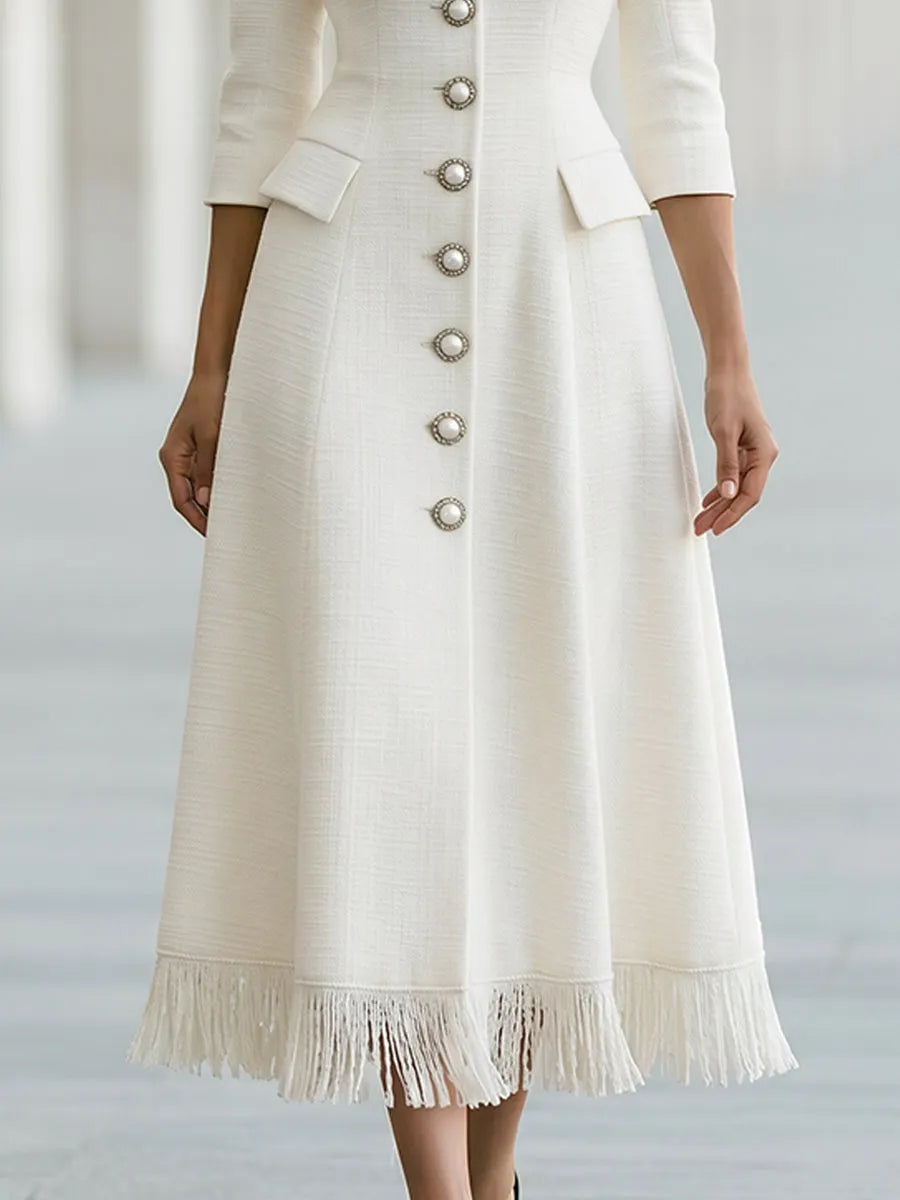 Fringe Hem Pearl Button A-Line Midi Dress