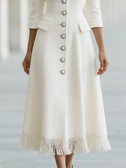 Fringe Hem Pearl Button A-Line Midi Dress