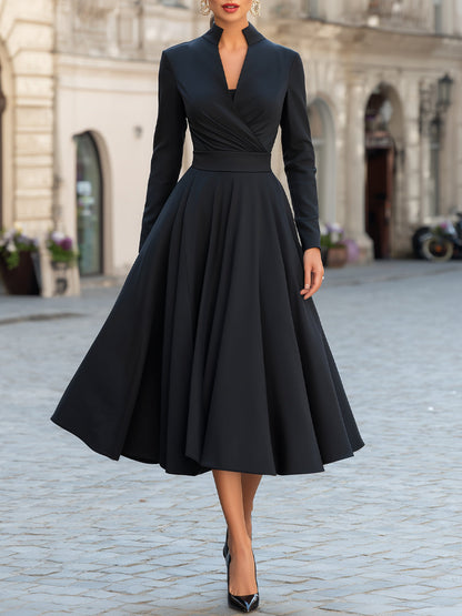 High Collar Wrap-Style Long Sleeve Pleated Flare Midi Dress