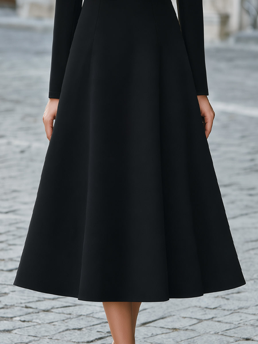 Keyhole Cutout Mock-Neck Flare Midi Dress