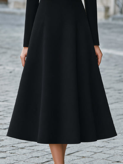Keyhole Cutout Mock-Neck Flare Midi Dress