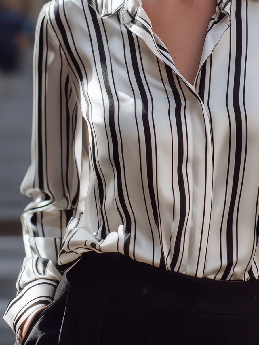 Vertical Stripe Relaxed Button-Up Blouse