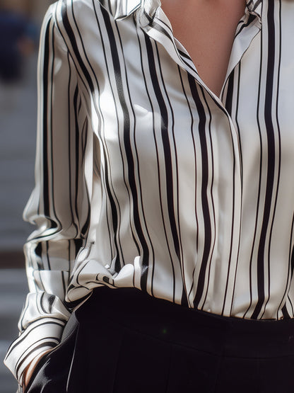 Vertical Stripe Relaxed Button-Up Blouse