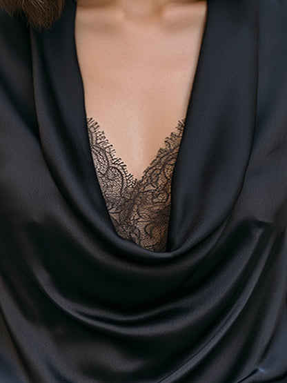 Satin Cowl Neck Lace Detail Blouse