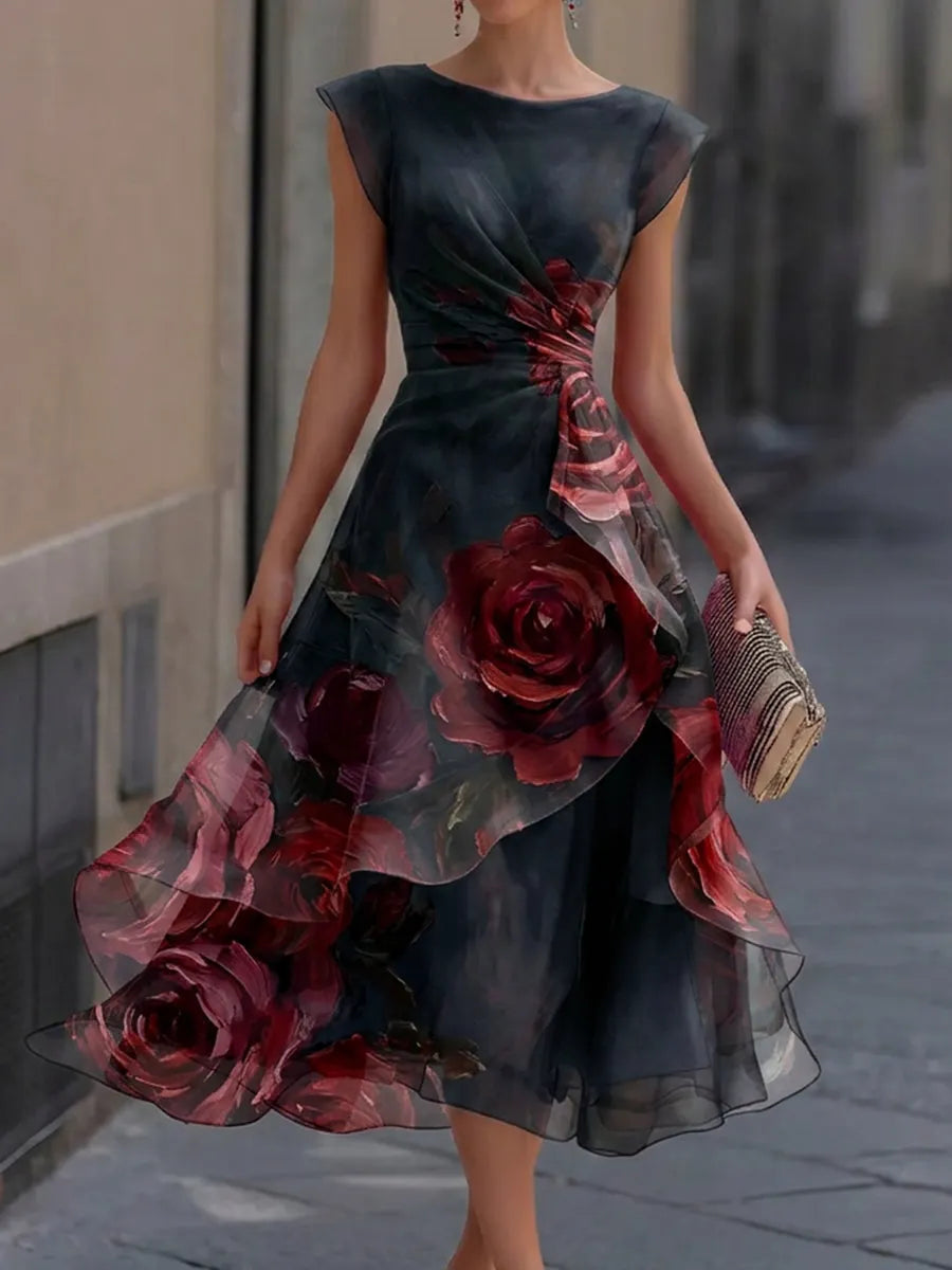 Elegant Watercolor Floral Boat Neck Wrap Waist Layered Organza High-Low Formal Midi Gown