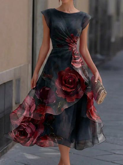 Elegant Watercolor Floral Boat Neck Wrap Waist Layered Organza High-Low Formal Midi Gown