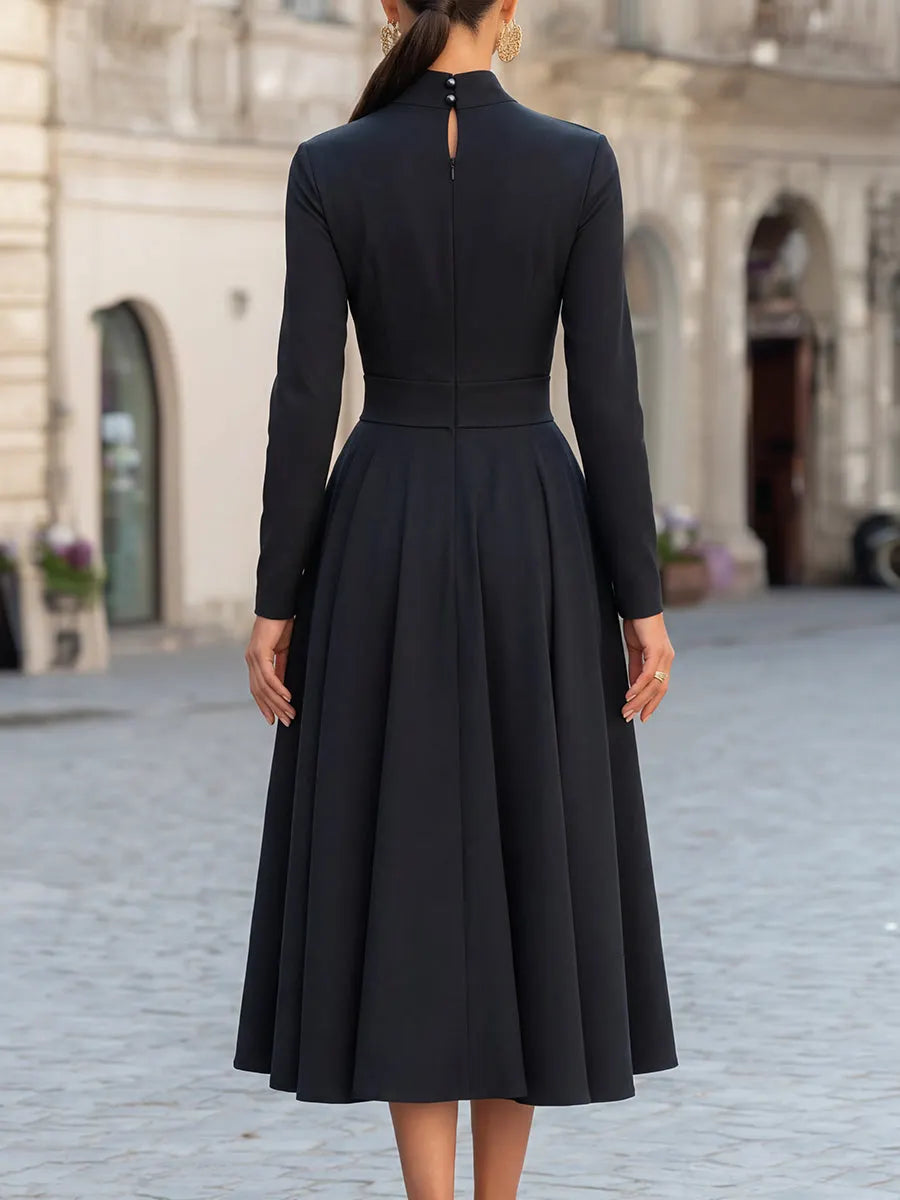 High Collar Wrap-Style Long Sleeve Pleated Flare Midi Dress