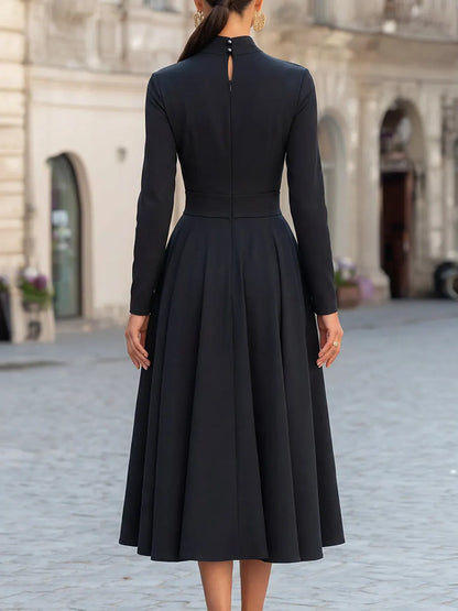 High Collar Wrap-Style Long Sleeve Pleated Flare Midi Dress