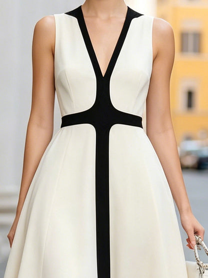 Contrast Panel V-Neck A-Line Midi Dress