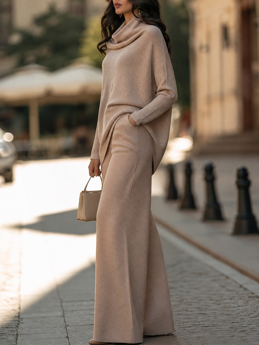 Draped Turtleneck Knit Top Wide-Leg Pants Set