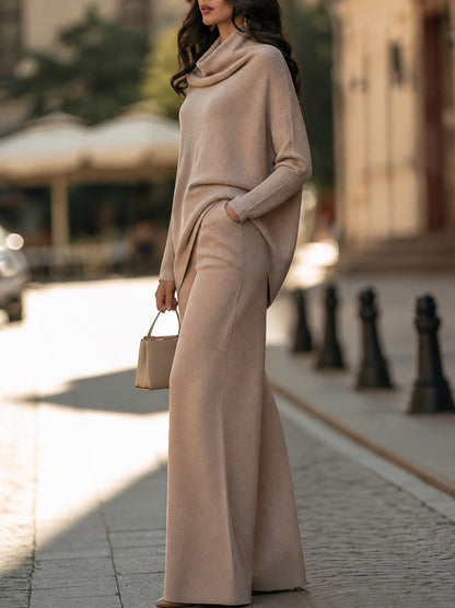 Draped Turtleneck Knit Top Wide-Leg Pants Set