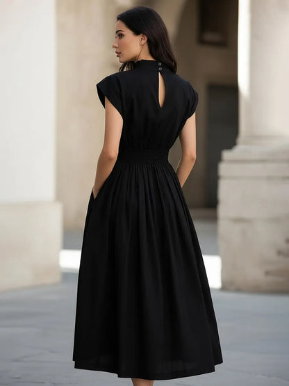 High Neck Smocked Waist Midi Dress