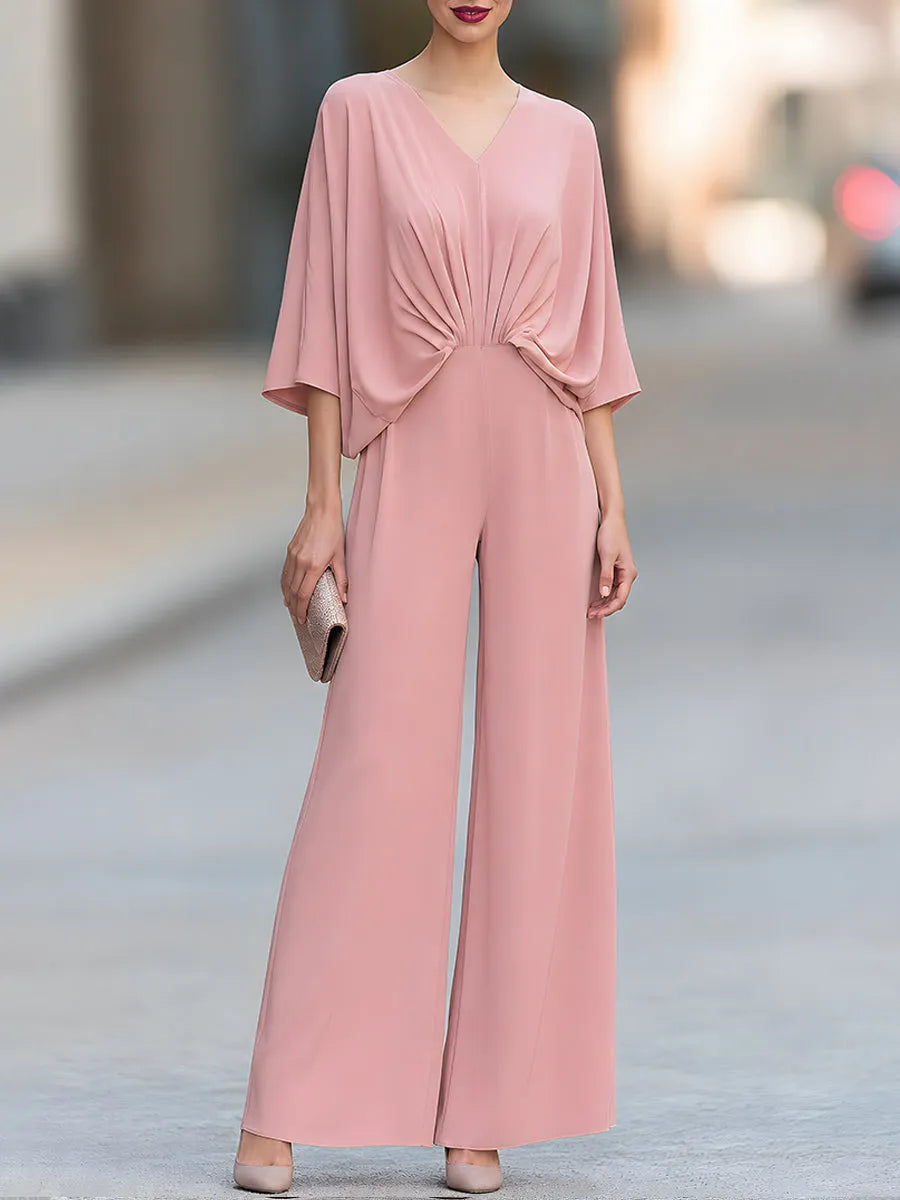 Women's V-Neck Batwing Sleeve Draped Wide Leg Jumpsuit