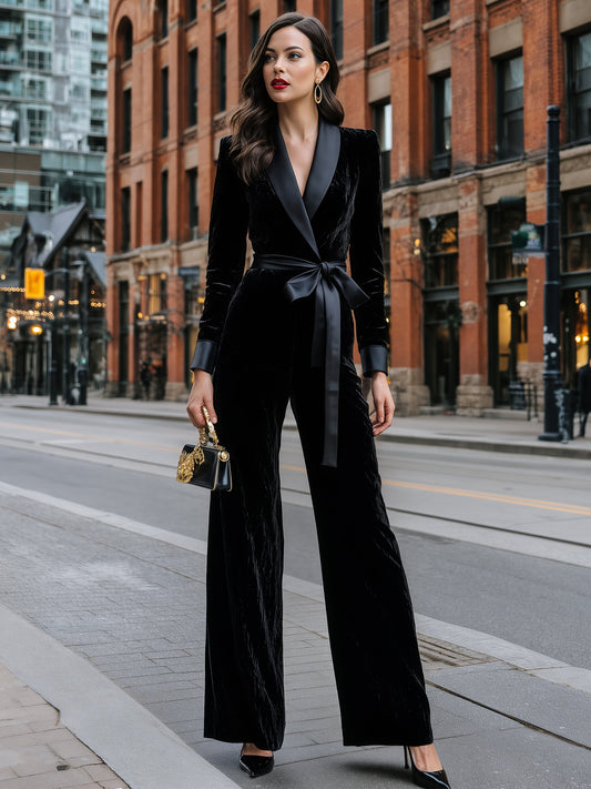 Velvet Satin-Lapel Tie-Waist Jumpsuit