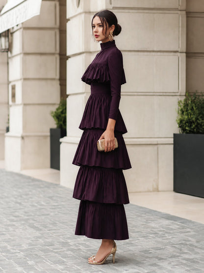 High Neck Multi-Tiered Ruffle Maxi Dress