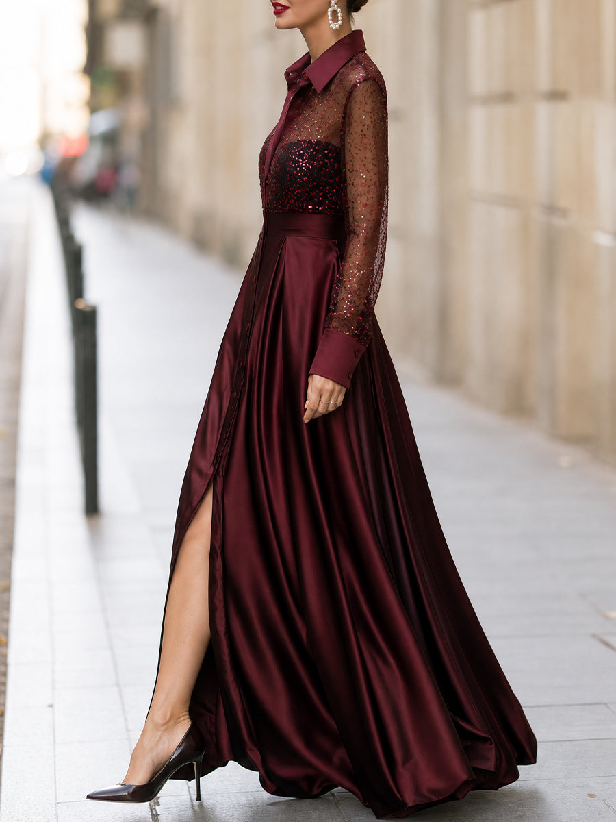 Sequin Mesh Sleeve Satin Maxi Dress