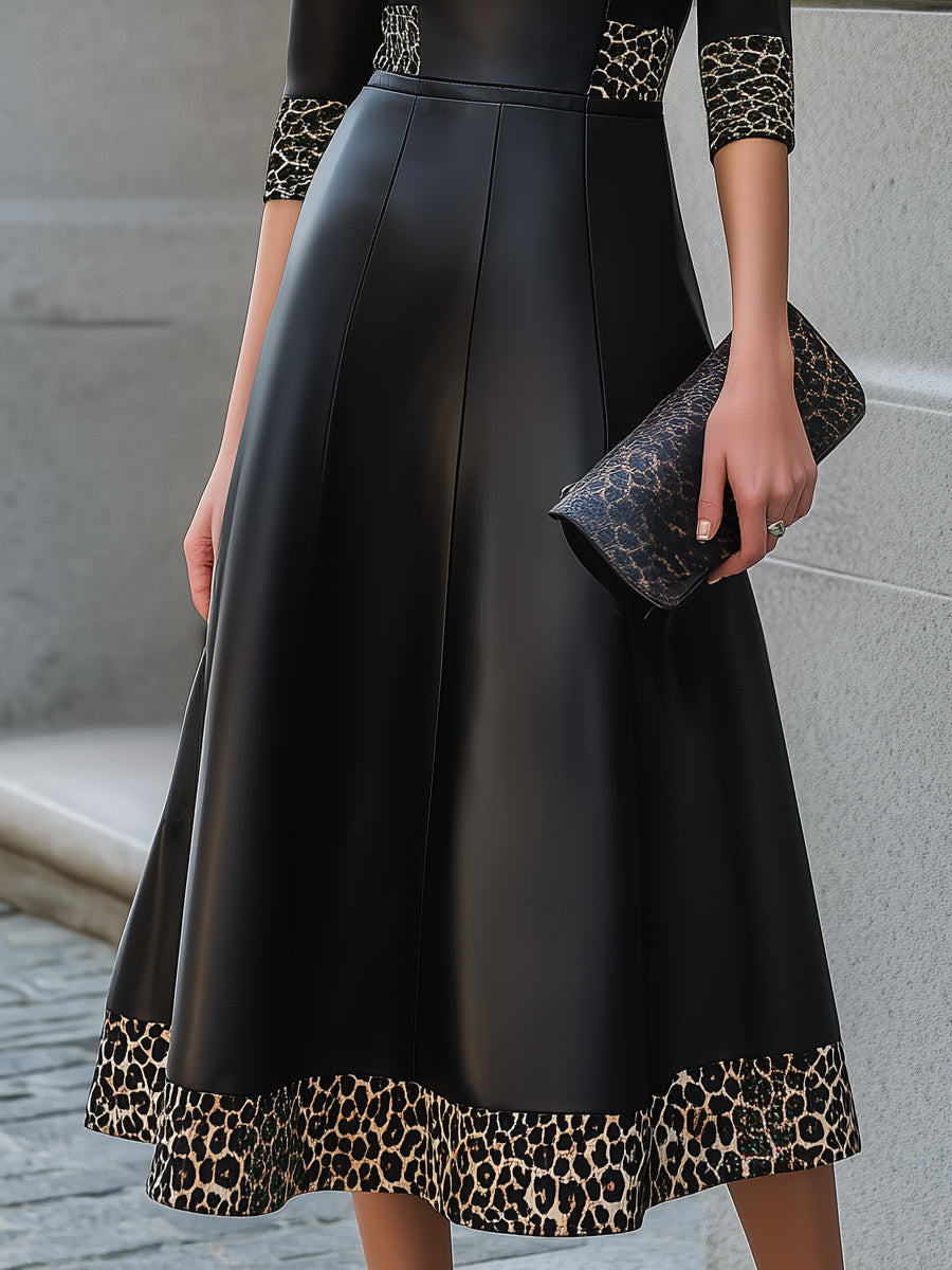 Faux Leather Contrast Leopard Trim Midi Dress
