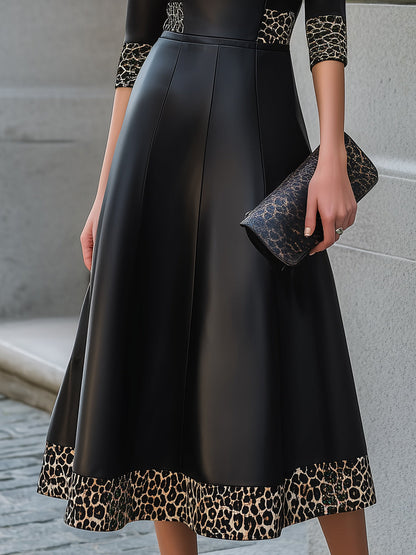 Faux Leather Contrast Leopard Trim Midi Dress