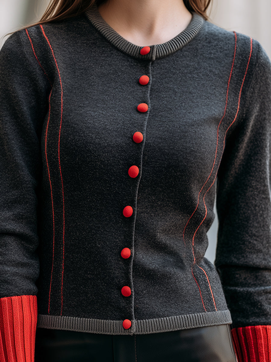 Contrast Trim Button-Front Knit Cardigan