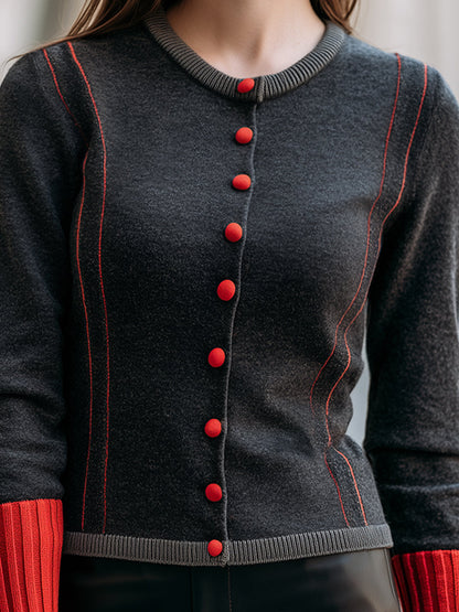 Contrast Trim Button-Front Knit Cardigan