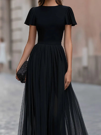 Flutter Sleeve Pleated A-Line Maxi Dress