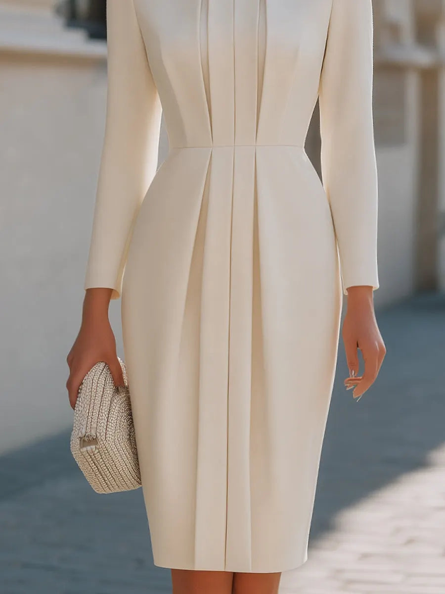 Elegant Long Sleeve Pleated Front Midi Dress