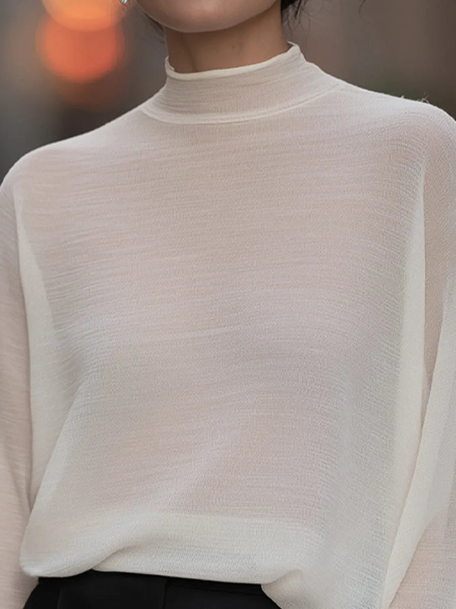 Semi-Sheer High-Neck Batwing Knit Sweater
