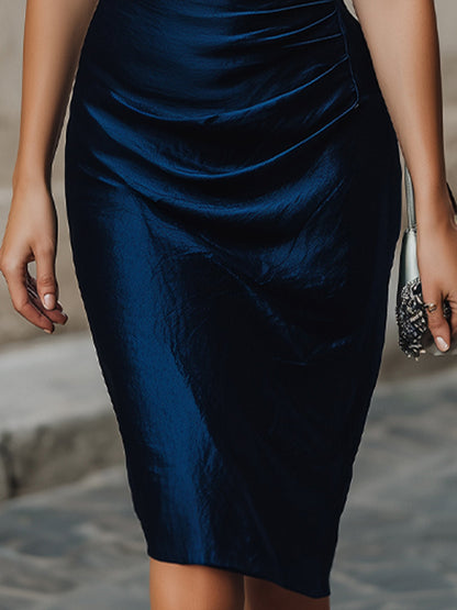 Midnight Asymmetrical Ruched Midi Dress