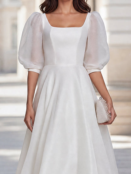 White Puff Sleeve Square Neck A-Line Midi Dress