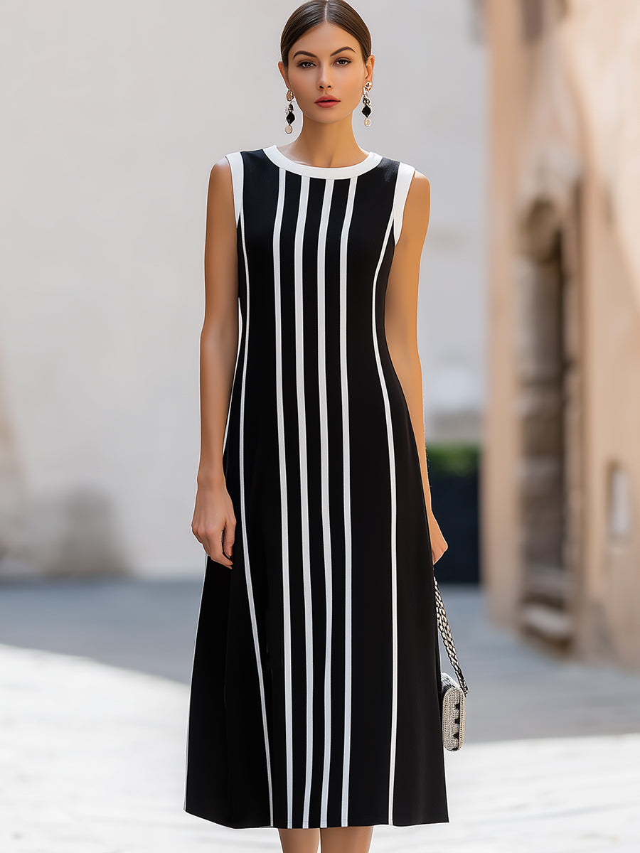 Vertical Stripe Contrast Trim Sleeveless A-Line Midi Dress