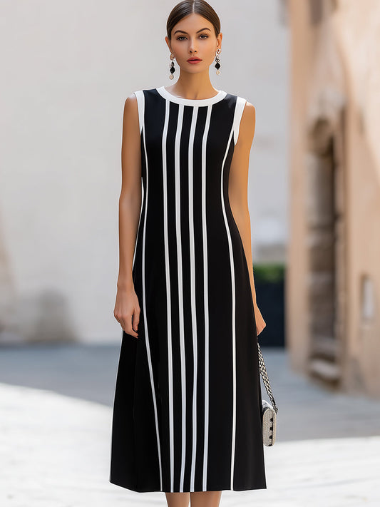 Robe midi trapèze sans manches à rayures verticales avec bordures contrastantes