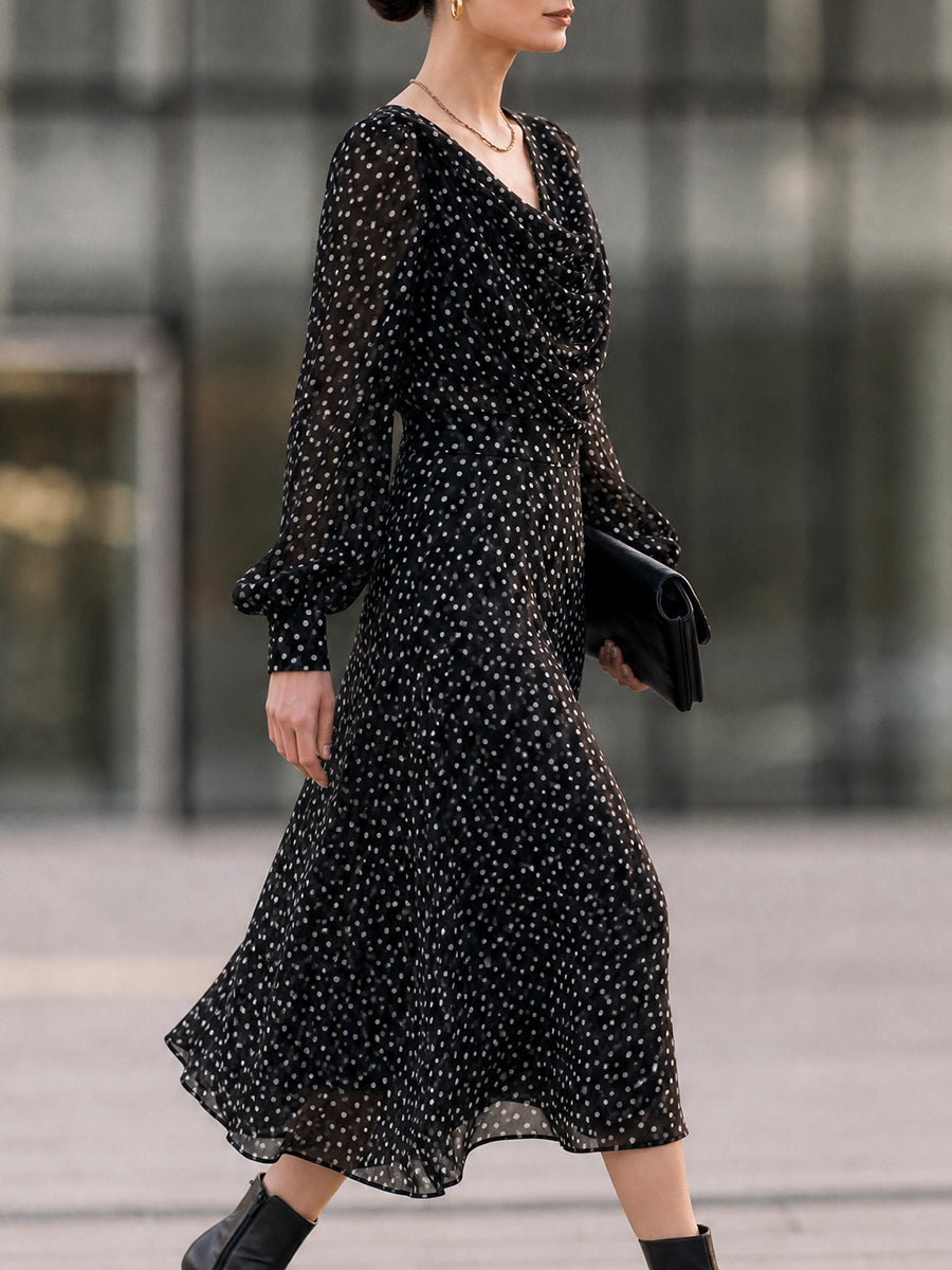 Polka Dot Cowl Neck Long Sleeve Midi Chiffon Dress