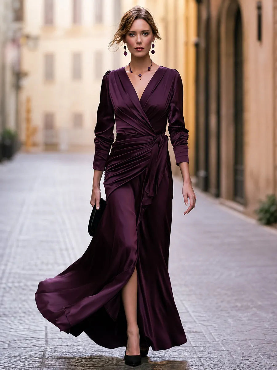 Elegant Satin V-Neck Wrap Maxi Dress with Long Sleeves