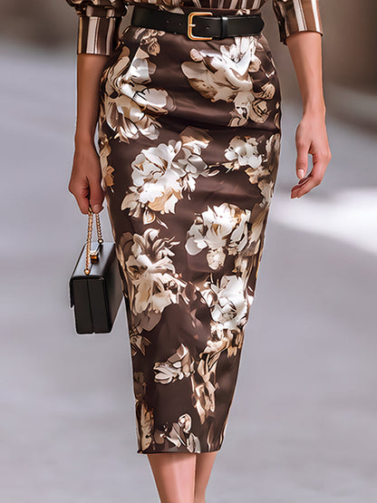 Stripe Satin Shirt & Floral Midi Pencil Skirt Two Piece Set