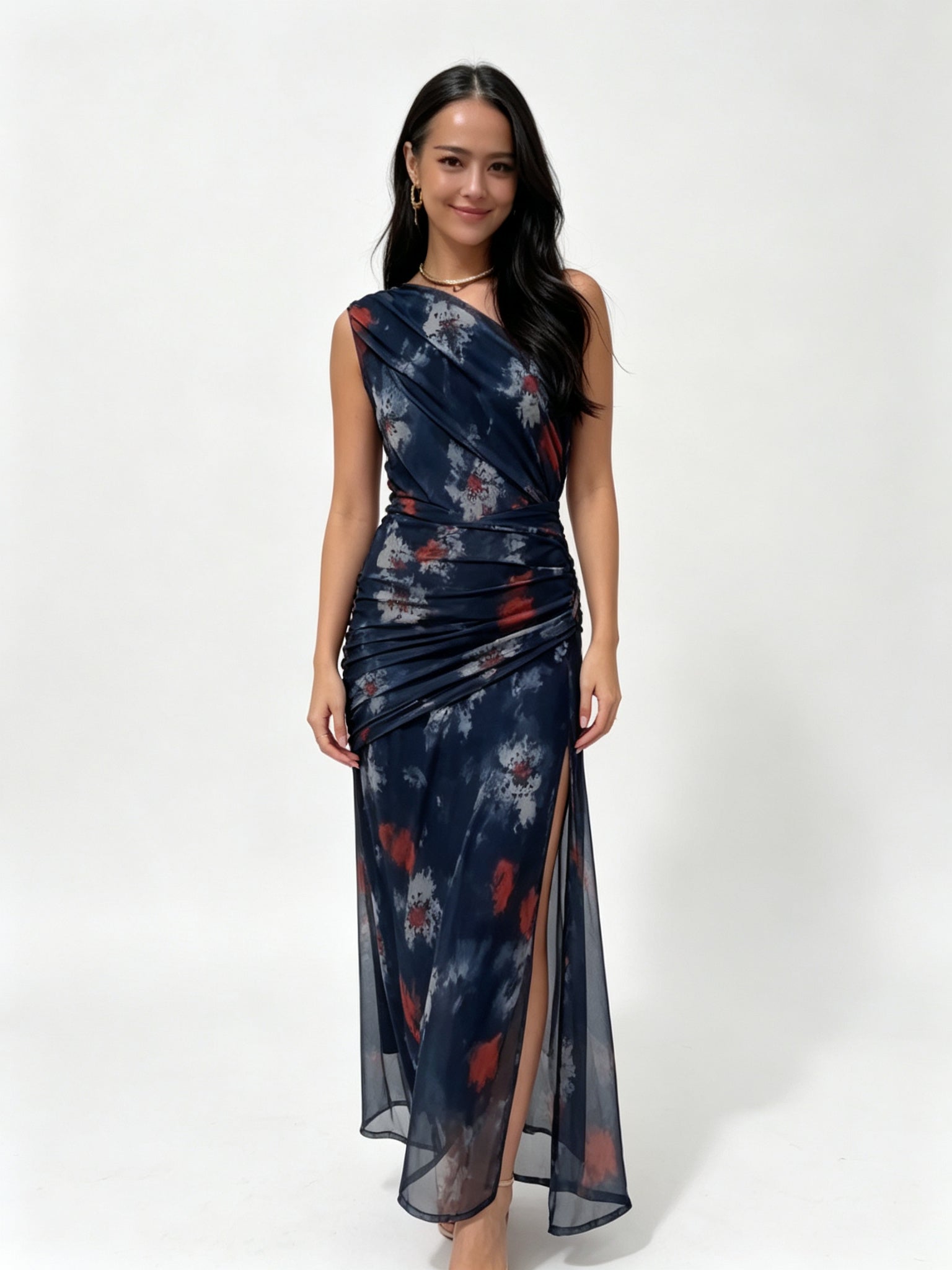 One-Shoulder Ruched Bodycon Maxi Dress - Navy Tie-Dye - Front View