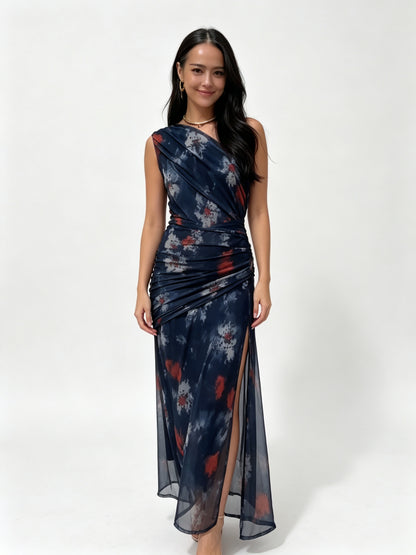 One-Shoulder Ruched Bodycon Maxi Dress - Navy Tie-Dye - Front View