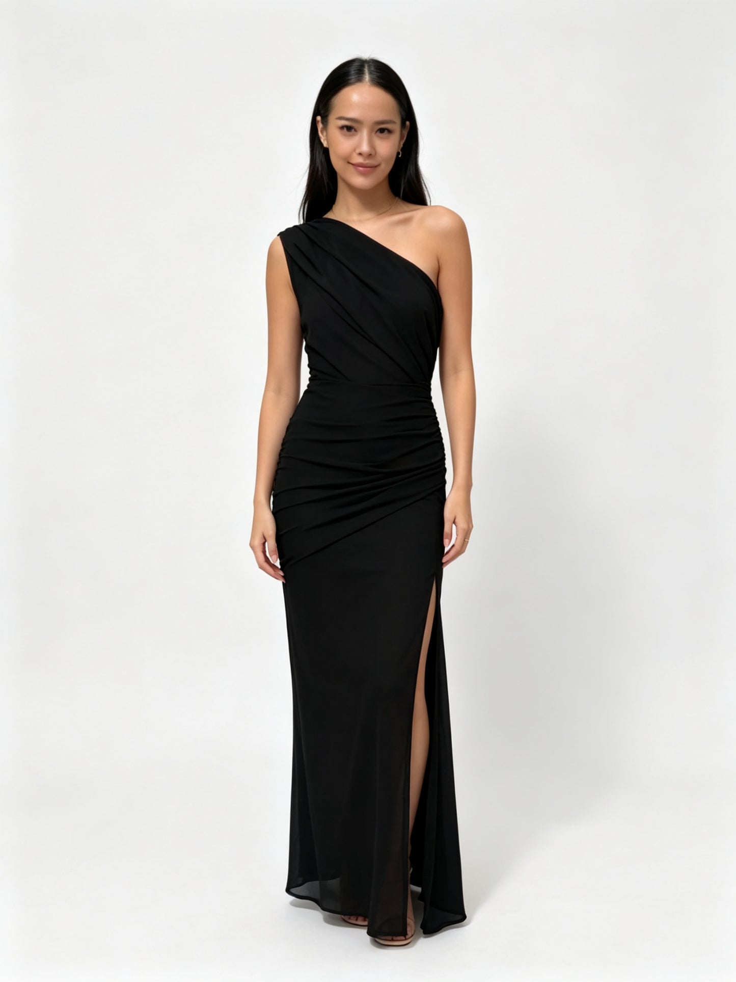 One-Shoulder Ruched Bodycon Maxi Dress - Black